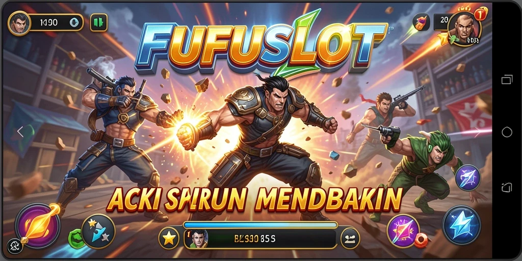 Tampilan in-game FUFUSLOT dengan aksi menegangkan dan karakter beragam.