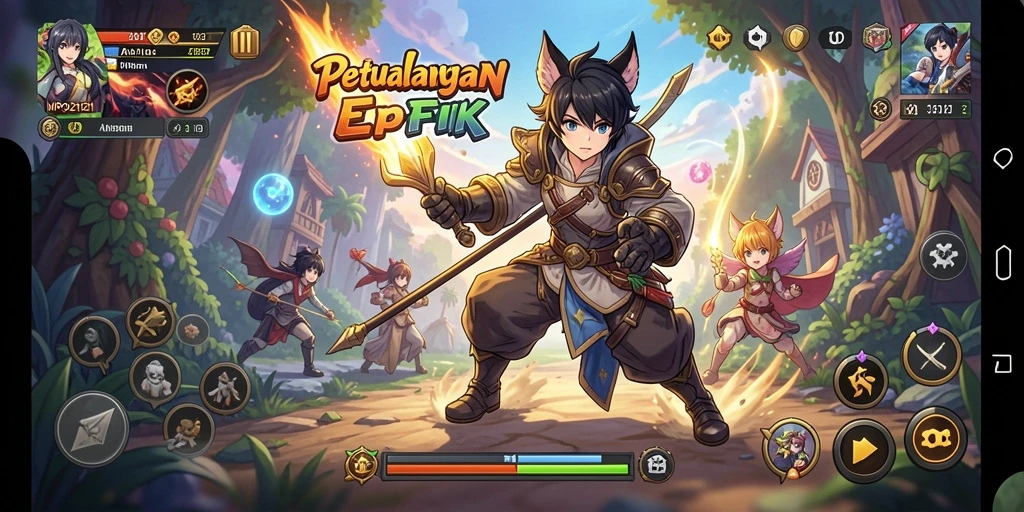 Screenshot gameplay MPO2121 menampilkan pertempuran seru dengan karakter Anime.