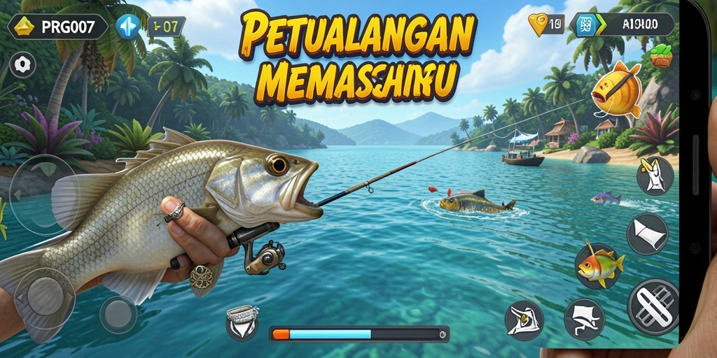 Screenshot gameplay PRG007 menampilkan aksi memancing di danau yang tenang.